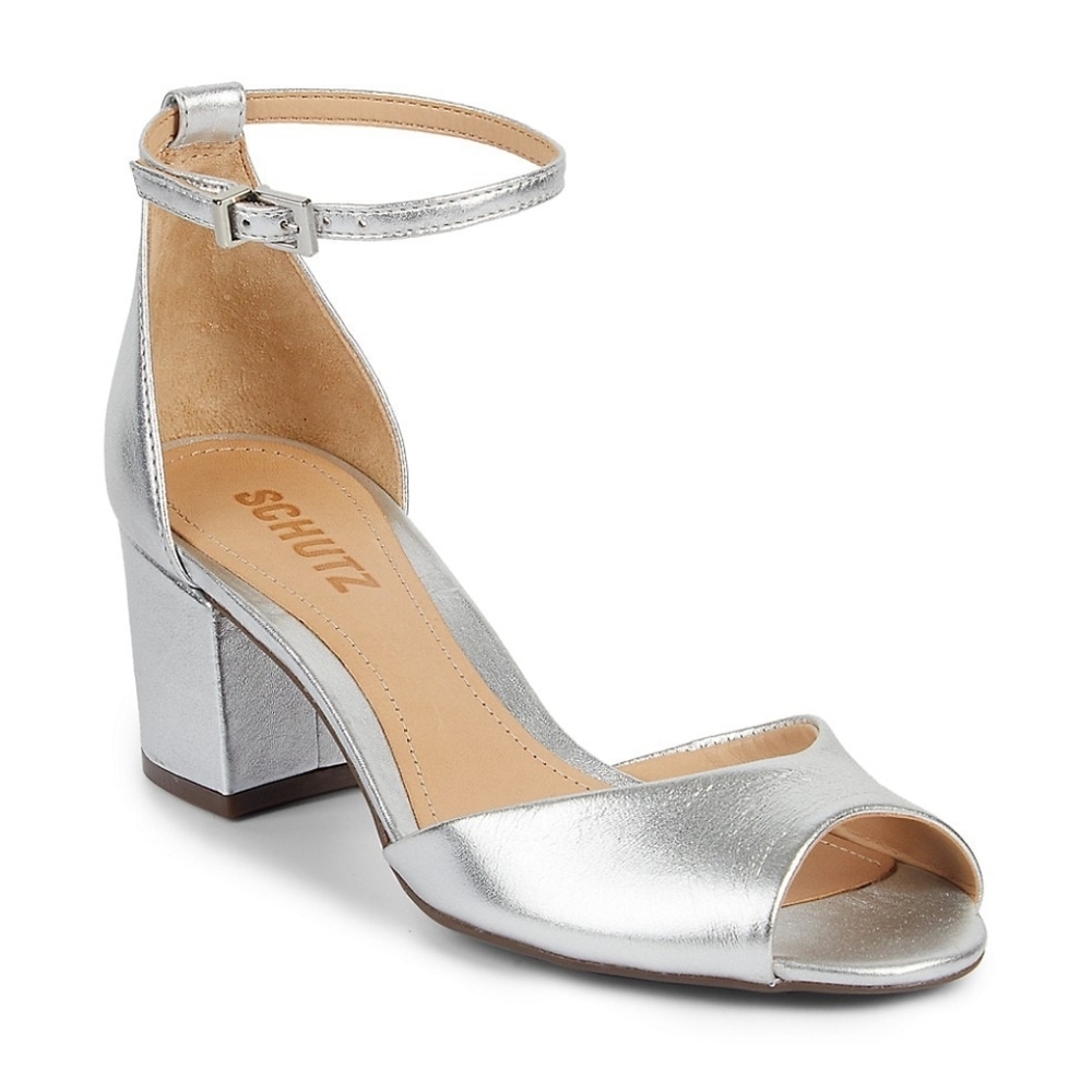 Schutz| Matte Silver Metallic Leather Ankle Strap Block Heel Sandals​
